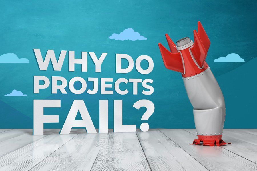 A bent red and white rocket beside the words "Why do projects fail?"